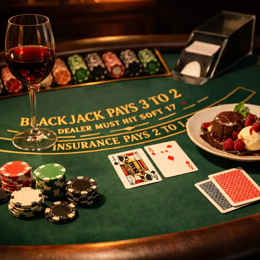 Stół do blackjacka z kartami i żetonami, obok kieliszek wina i deser