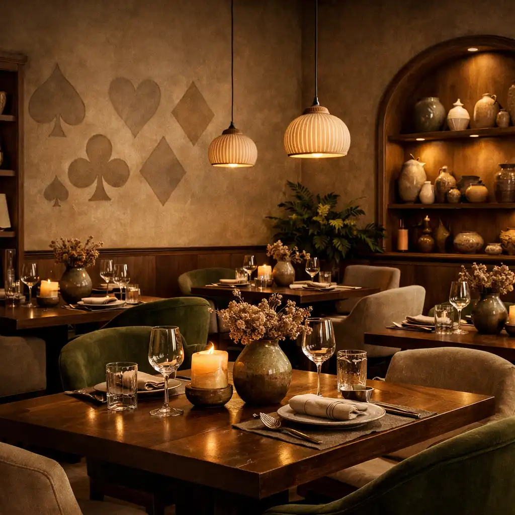 Eleganckie wnętrze restauracji Dishatelier z drewnianymi stołami