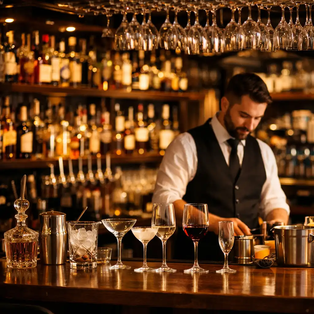 Bar w Dishatelier z butelkami i kieliszkami