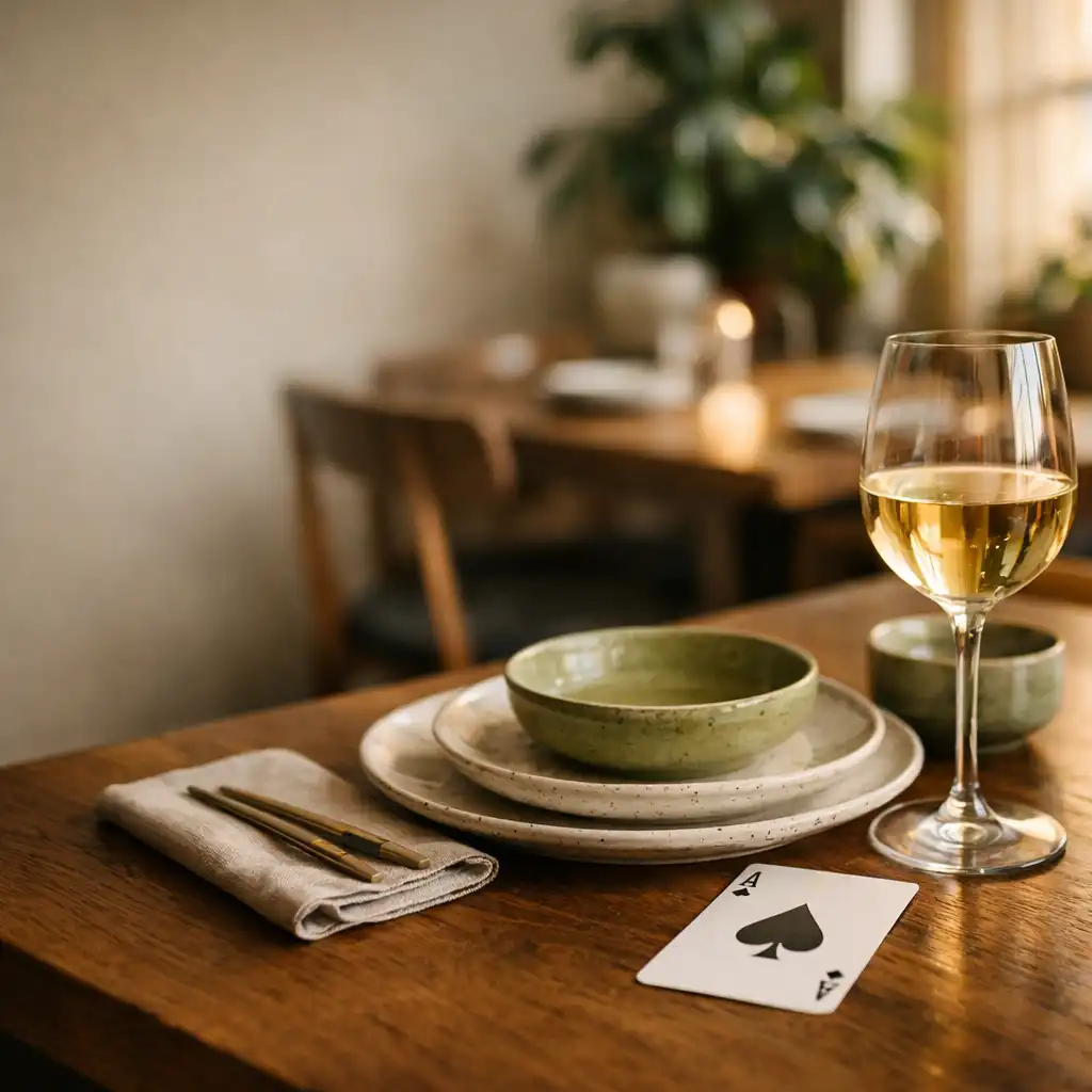 Eleganckie wnętrze Dishatelier z ceramicznymi naczyniami i subtelną kartą do gry na stole