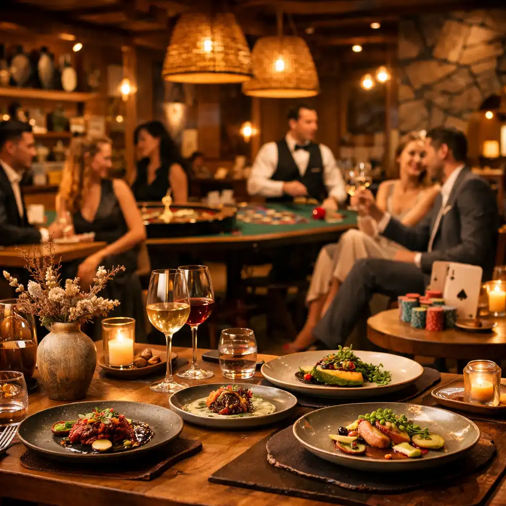 Eleganckie wnętrze Dishatelier z artystycznie podanymi daniami i subtelnymi detalami wieczornej atmosfery