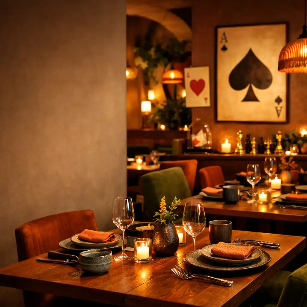 Eleganckie wnętrze restauracji Dishatelier z ciepłym oświetleniem i subtelnymi elementami kart do gry