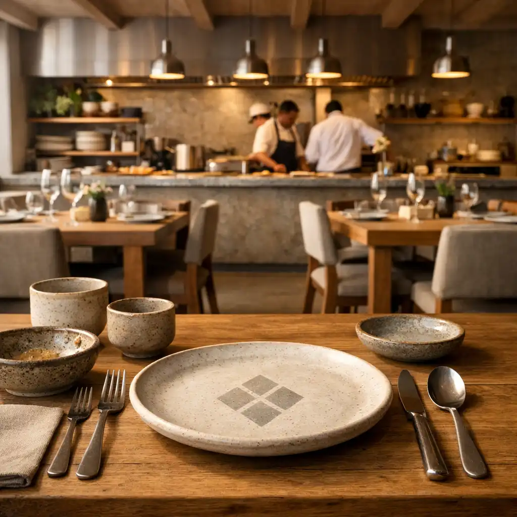 Wnętrze Dishatelier z widokiem na salę główną i otwartą kuchnię, z ceramicznymi naczyniami na stole