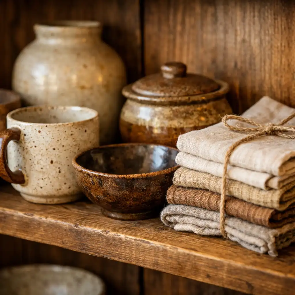 Ręcznie robione ceramiczne naczynia na drewnianej półce