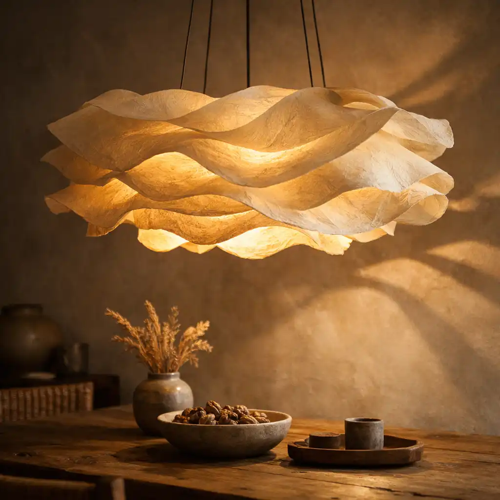 Rzeźbiarska lampa wisząca nad stołem w ciepłym świetle