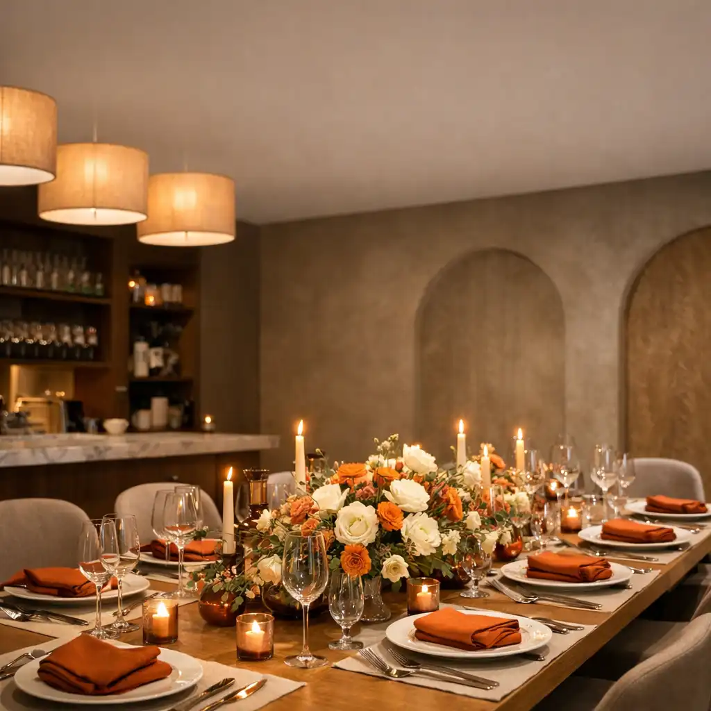 Duży stół w prywatnej sali Dishatelier przygotowany dla grupy gości