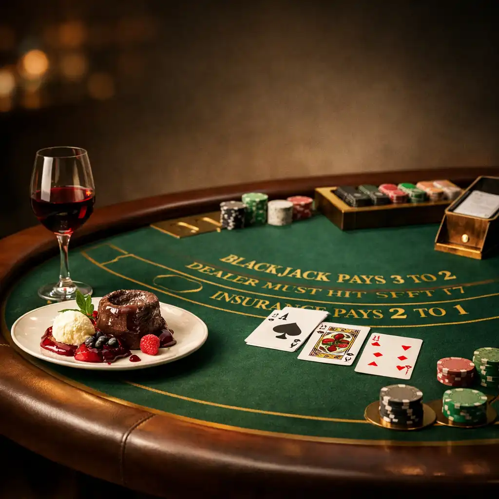 Stół do blackjacka z kieliszkiem wina i talerzem deseru w eleganckim wydaniu