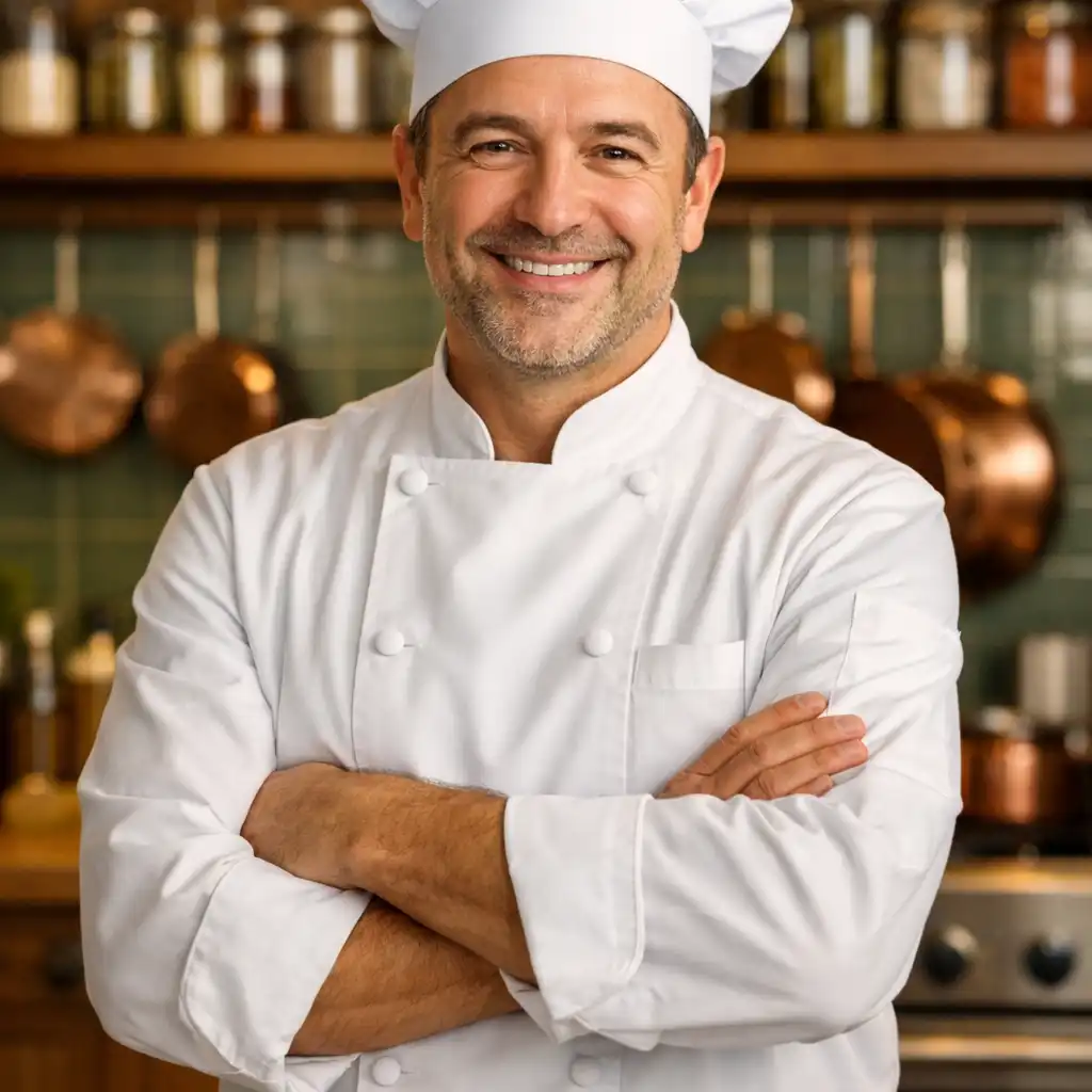 Portret szefa kuchni Dishatelier w białym fartuchu, stojącego w kuchni restauracji