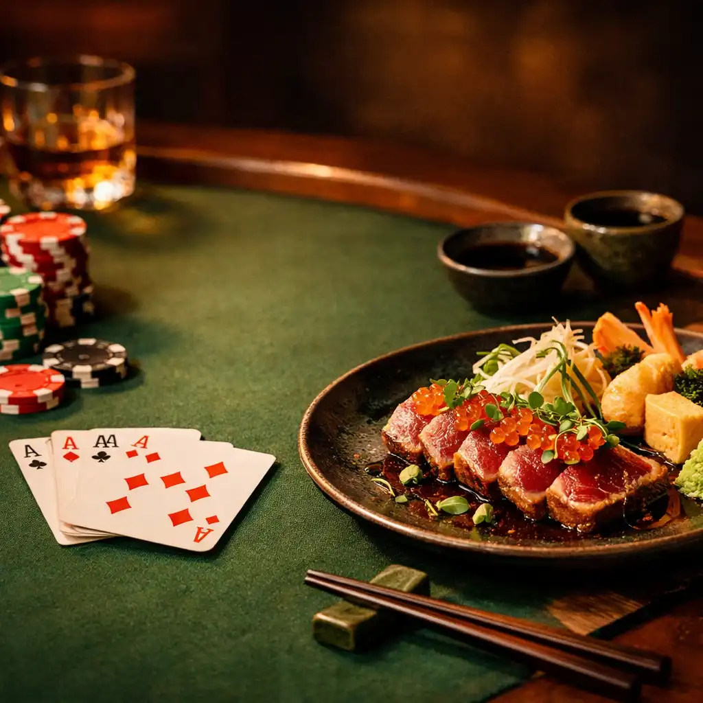 Elegancki stół pokerowy z kartami i żetonami obok artystycznie podanego dania kuchni japońskiej