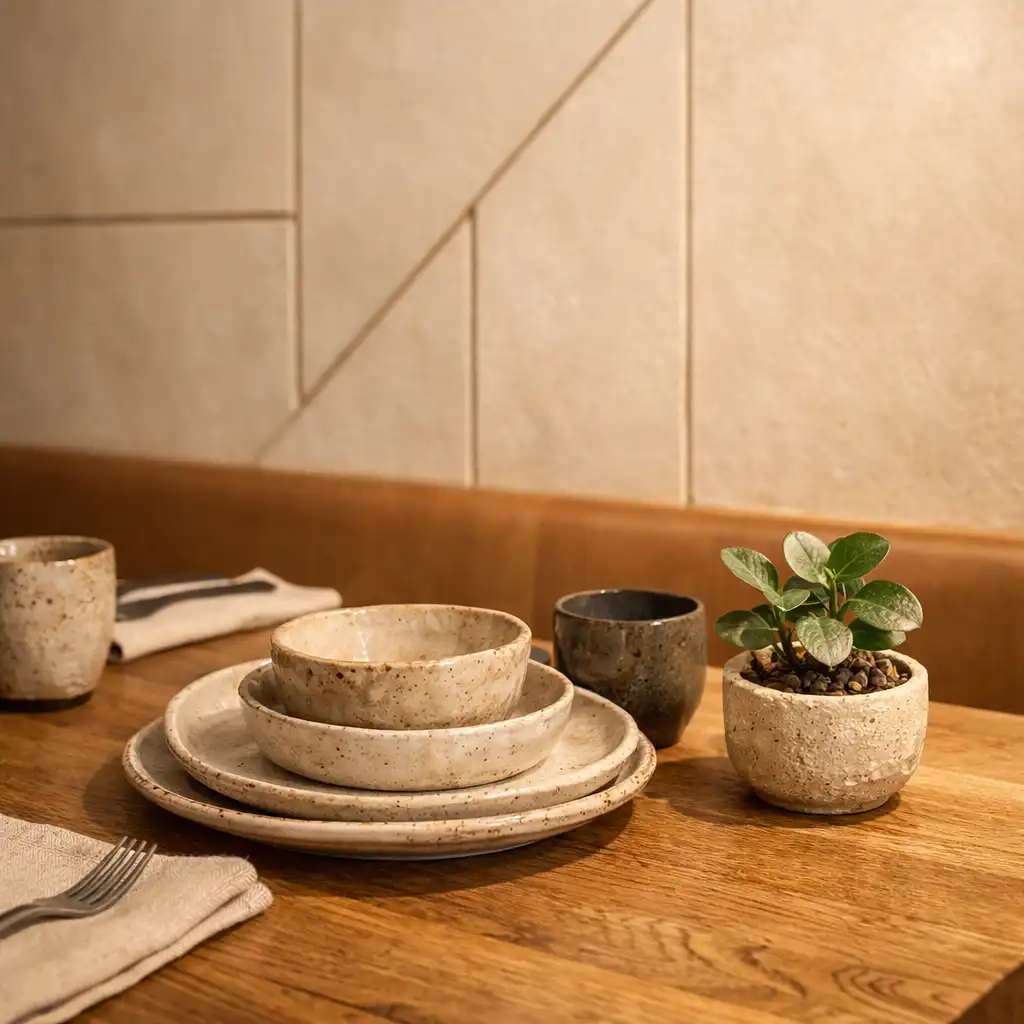 Detal wnętrza Dishatelier: stół z naturalnego drewna, ręcznie robiona ceramika i mała roślina