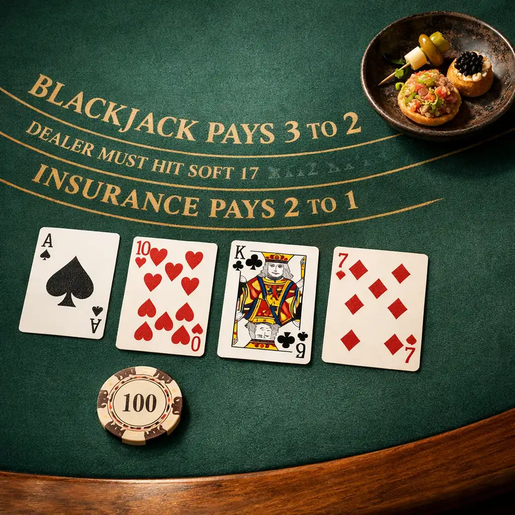 Stół do blackjacka z kartami, ceramicznym żetonem i małym daniem amuse-bouche