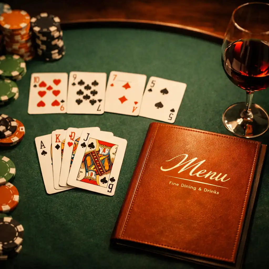 Stół pokerowy w stylu restauracyjnym z kartami i żetonami, obok eleganckie menu i kieliszek wina