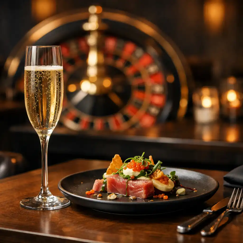 Elegancki stół w restauracji z kołem ruletki w tle, na pierwszym planie kieliszek szampana i talerz z przystawką